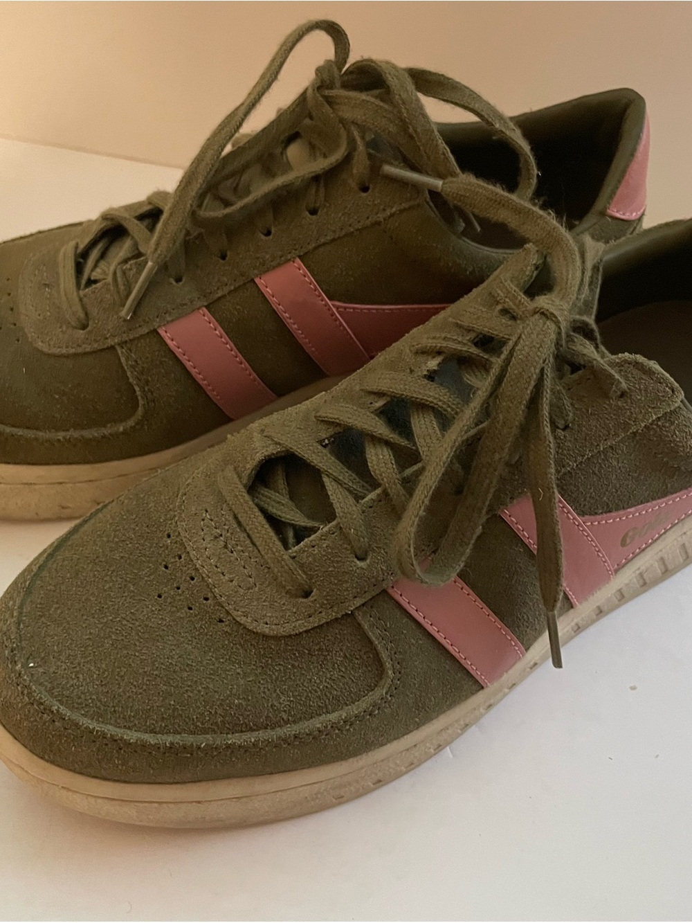 Gola Olive Green Suede Sneakers with Pink Stripes - Women’s size 9